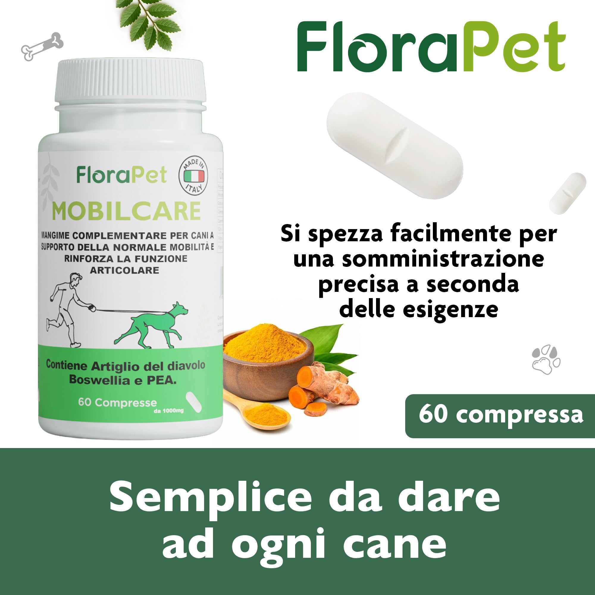 Florapet Mobilcare Integratore Articolazioni Cane 60 Compresse, con Boswellia, PEA, Avovida, CurcuVet, Artiglio del Diavolo, Supporta la Mobilità e Sollievo, Made in Italy